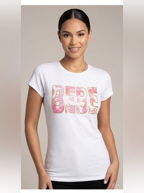 bebe White Tee with Pink Tropical Logo